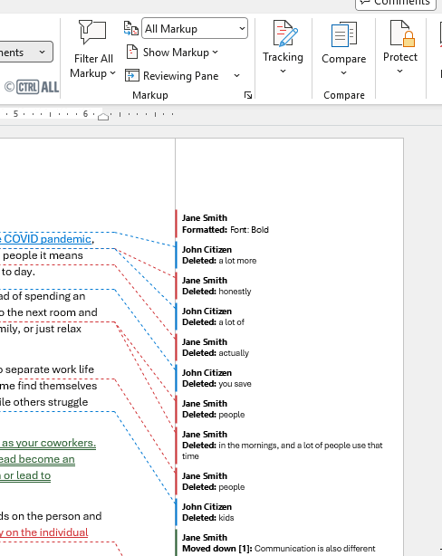 Show markup Specific people menu for deciding whose track changes should appear in Word